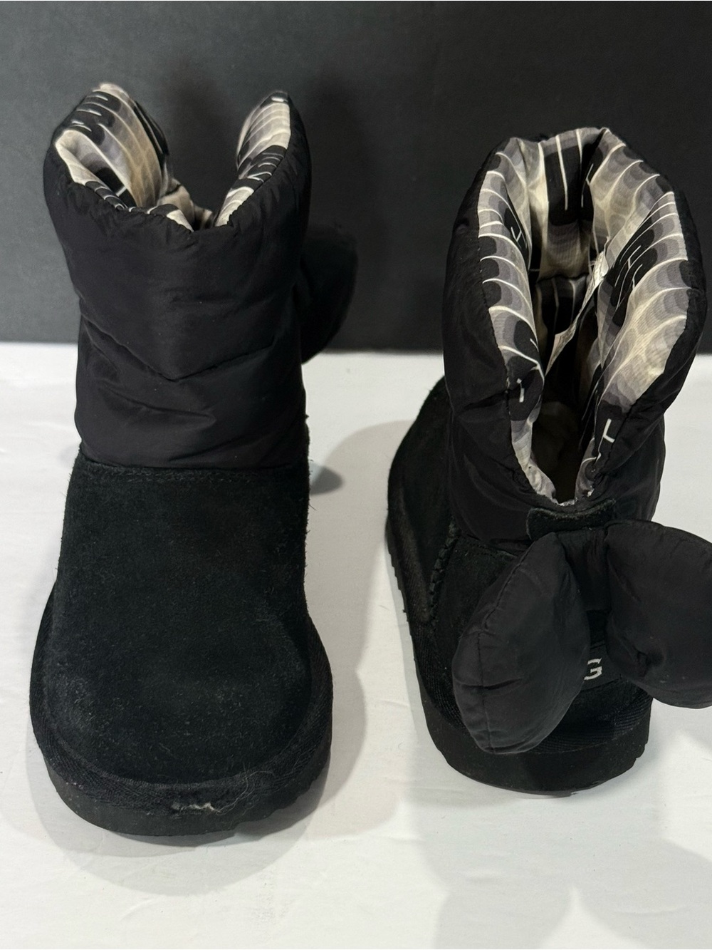 UGG kids Suede & Puffer Ankle Winter Boots with Bow Detail, sz 12 toddler girl